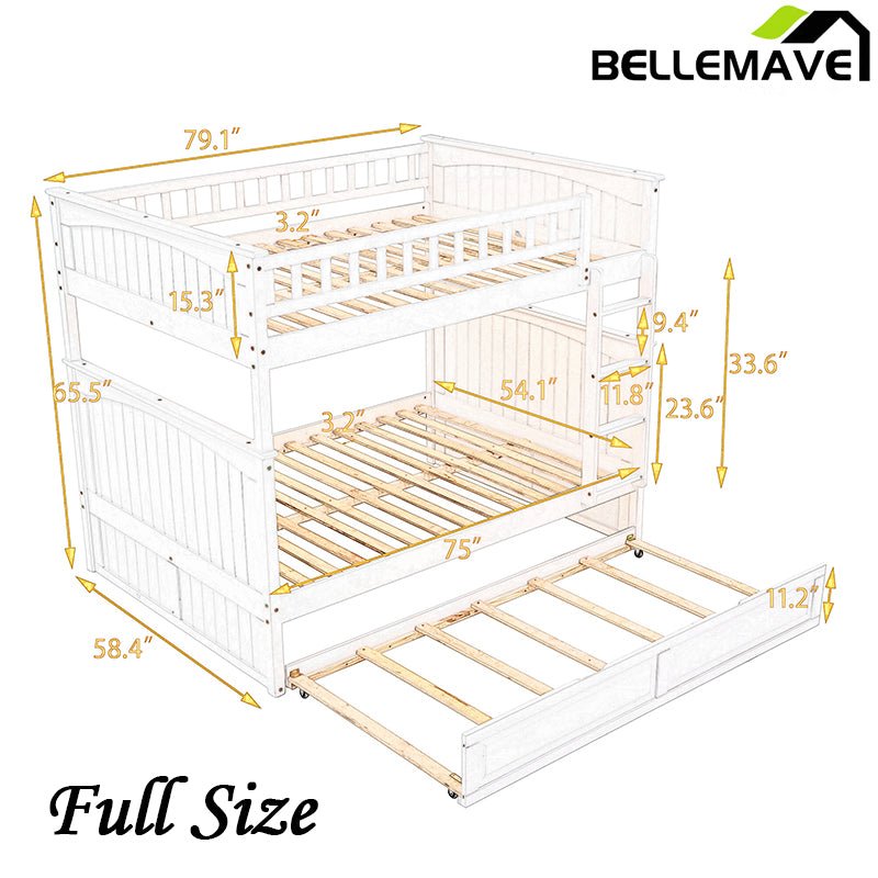 Bellemave® Full Size Bunk Bed with Twin Size Trundle and Guardrails - Bellemave