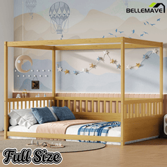 Bellemave® Full Size Canopy Bed Frame with 4 Posters and Guardrails, Full Size Montessori Floor Bed with High Fence, Natural - Bellemave
