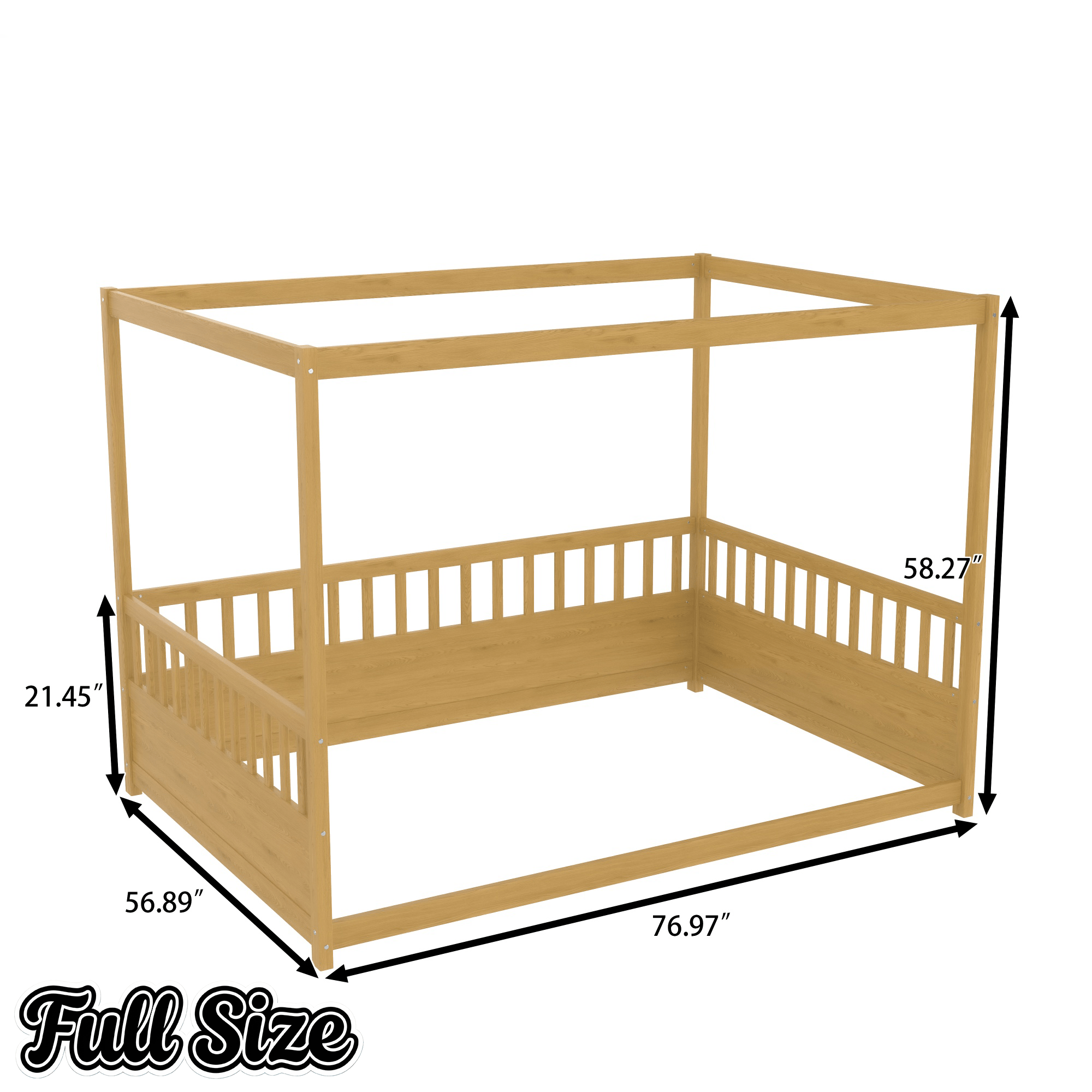 Bellemave® Full Size Canopy Bed Frame with 4 Posters and Guardrails, Full Size Montessori Floor Bed with High Fence, Natural - Bellemave