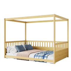 Bellemave® Full Size Canopy Bed Frame with 4 Posters and Guardrails, Full Size Montessori Floor Bed with High Fence, Natural - Bellemave