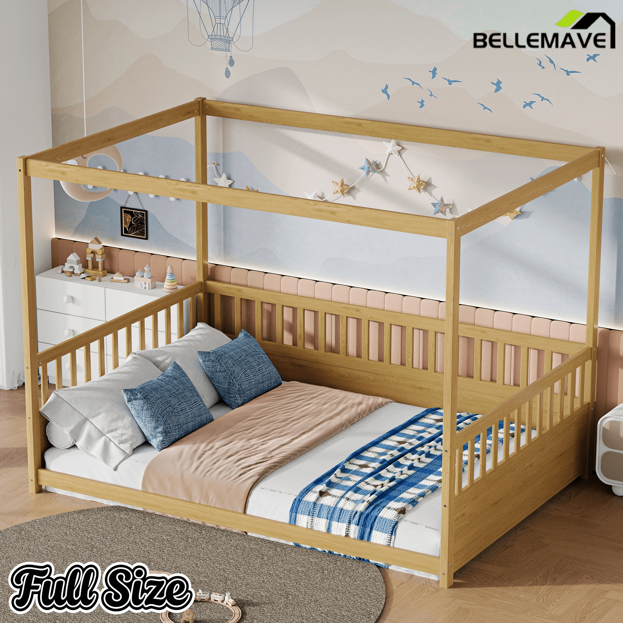 Bellemave® Full Size Canopy Bed Frame with 4 Posters and Guardrails, Full Size Montessori Floor Bed with High Fence, Natural - Bellemave