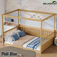 Bellemave® Full Size Canopy Bed Frame with 4 Posters and Guardrails, Full Size Montessori Floor Bed with High Fence, Natural - Bellemave