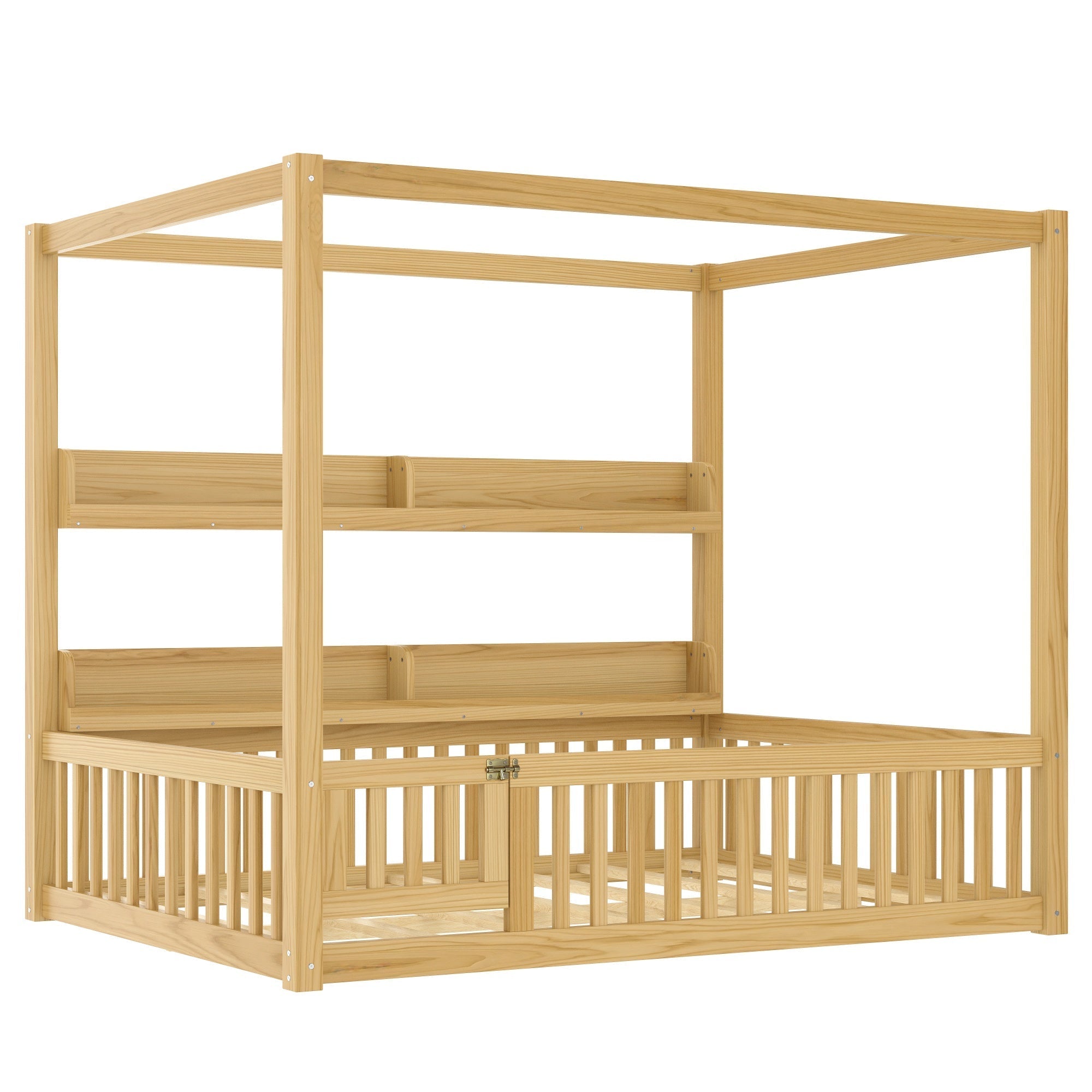Bellemave® Full Size Canopy Bed with Guardrails and Support Slats, Solid Wood Canopy Floor Bed with Storage Shelves, Canopy Beds Frame for Kids, Teens, Adults, No Box Spring Needed, Nature - Bellemave