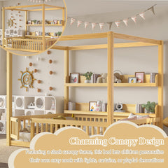 Bellemave® Full Size Canopy Bed with Guardrails and Support Slats, Solid Wood Canopy Floor Bed with Storage Shelves, Canopy Beds Frame for Kids, Teens, Adults, No Box Spring Needed, Nature - Bellemave