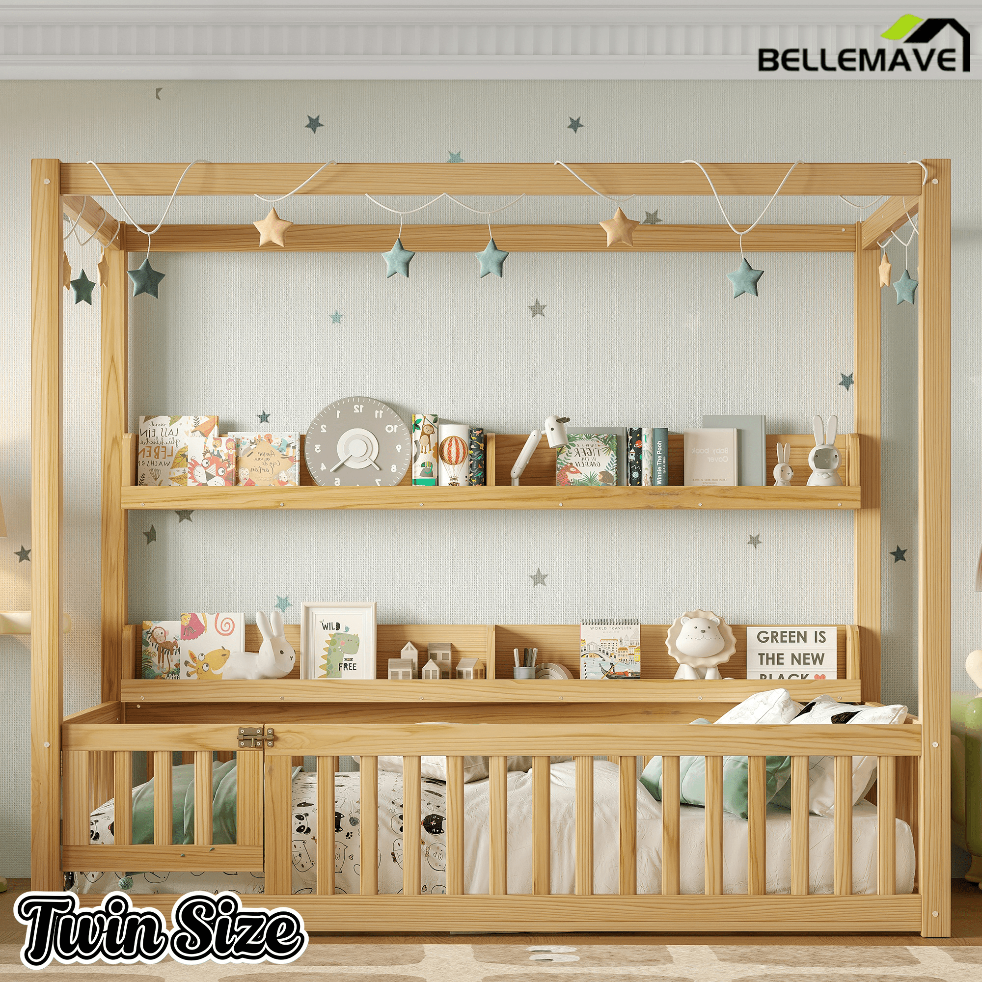 Bellemave® Full Size Canopy Bed with Guardrails and Support Slats, Solid Wood Canopy Floor Bed with Storage Shelves, Canopy Beds Frame for Kids, Teens, Adults, No Box Spring Needed, Nature - Bellemave