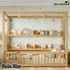 Bellemave® Full Size Canopy Bed with Guardrails and Support Slats, Solid Wood Canopy Floor Bed with Storage Shelves, Canopy Beds Frame for Kids, Teens, Adults, No Box Spring Needed, Nature - Bellemave