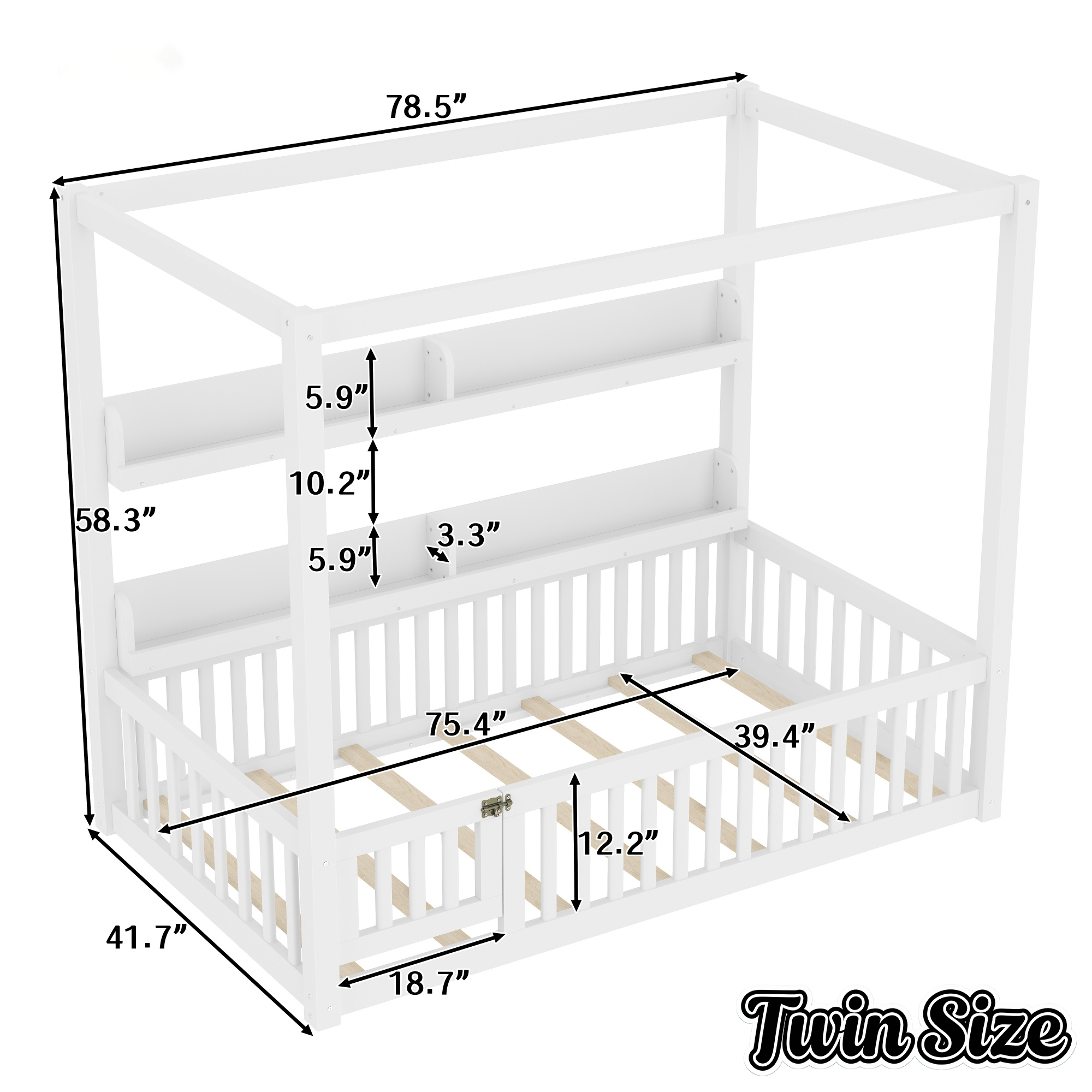 Bellemave® Full Size Canopy Bed with Guardrails and Support Slats, Solid Wood Canopy Floor Bed with Storage Shelves, Canopy Beds Frame for Kids, Teens, Adults, No Box Spring Needed, Nature - Bellemave