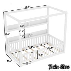 Bellemave® Full Size Canopy Bed with Guardrails and Support Slats, Solid Wood Canopy Floor Bed with Storage Shelves, Canopy Beds Frame for Kids, Teens, Adults, No Box Spring Needed, Nature - Bellemave