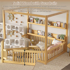 Bellemave® Full Size Canopy Bed with Guardrails and Support Slats, Solid Wood Canopy Floor Bed with Storage Shelves, Canopy Beds Frame for Kids, Teens, Adults, No Box Spring Needed, Nature - Bellemave