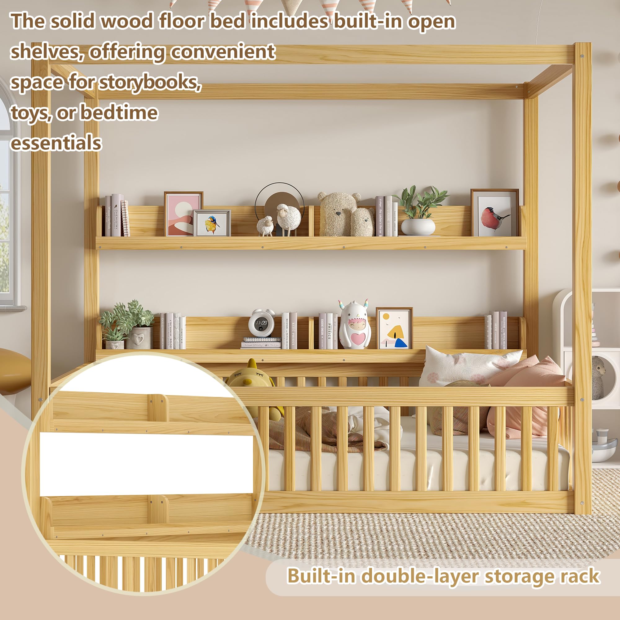 Bellemave® Full Size Canopy Bed with Guardrails and Support Slats, Solid Wood Canopy Floor Bed with Storage Shelves, Canopy Beds Frame for Kids, Teens, Adults, No Box Spring Needed, Nature - Bellemave