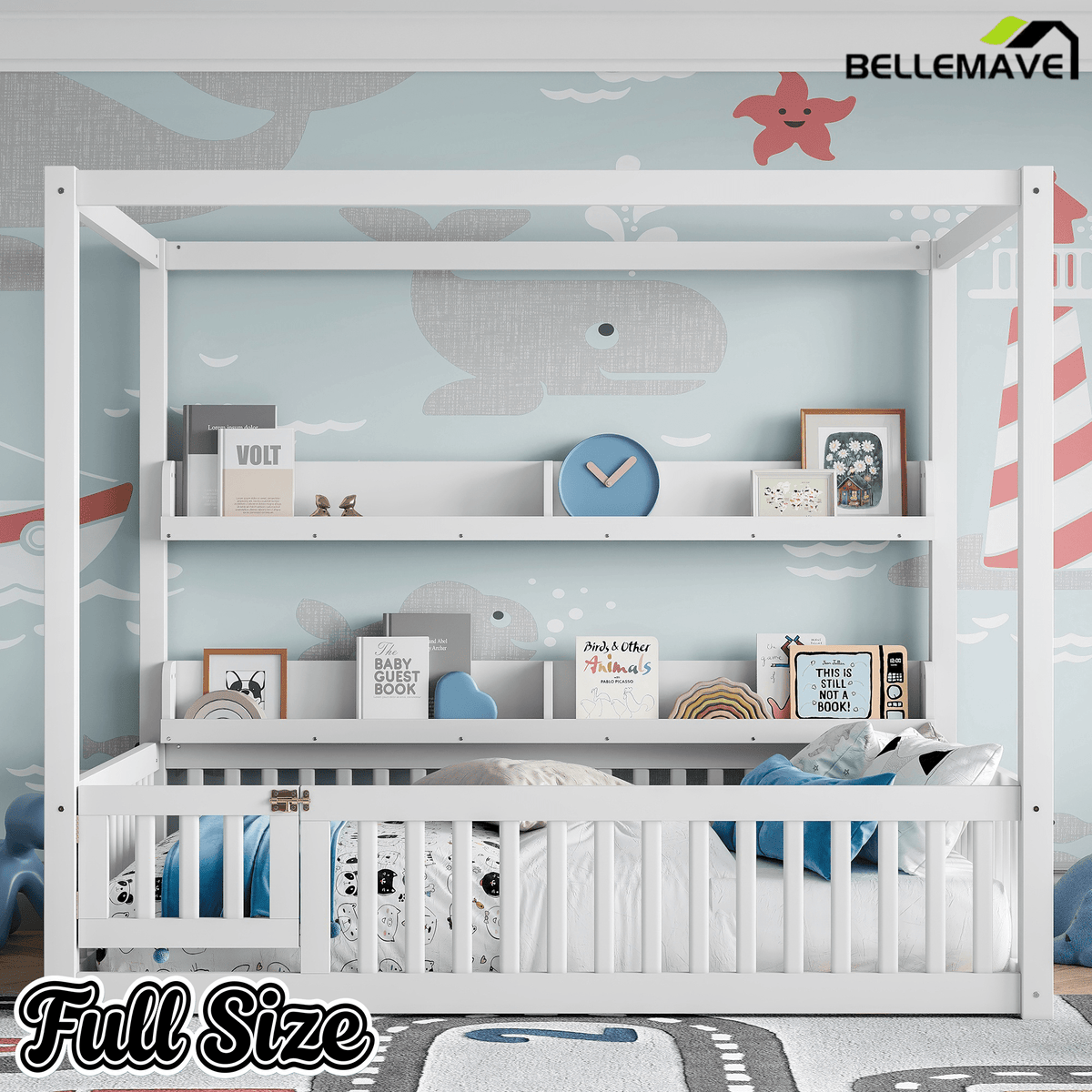 Bellemave® Full Size Canopy Bed with Guardrails and Support Slats, Solid Wood Canopy Floor Bed with Storage Shelves, Canopy Beds Frame for Kids, Teens, Adults, No Box Spring Needed, Nature - Bellemave