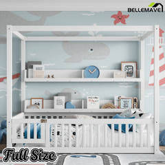 Bellemave® Full Size Canopy Bed with Guardrails and Support Slats, Solid Wood Canopy Floor Bed with Storage Shelves, Canopy Beds Frame for Kids, Teens, Adults, No Box Spring Needed, Nature - Bellemave
