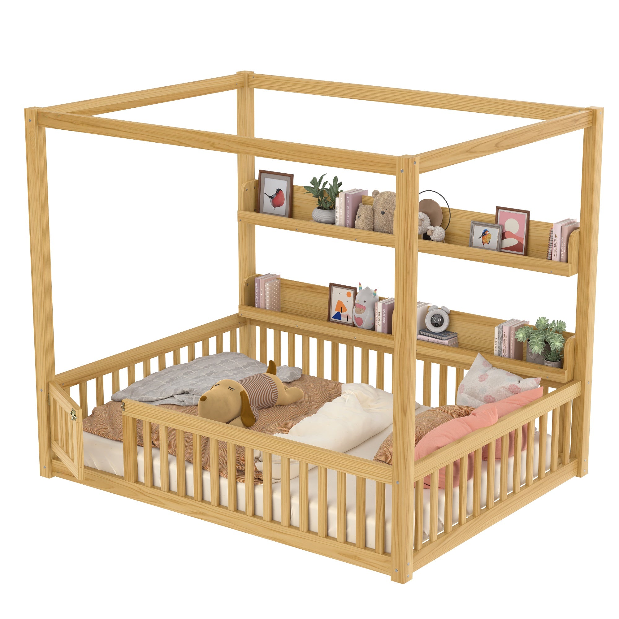 Bellemave® Full Size Canopy Bed with Guardrails and Support Slats, Solid Wood Canopy Floor Bed with Storage Shelves, Canopy Beds Frame for Kids, Teens, Adults, No Box Spring Needed, Nature - Bellemave