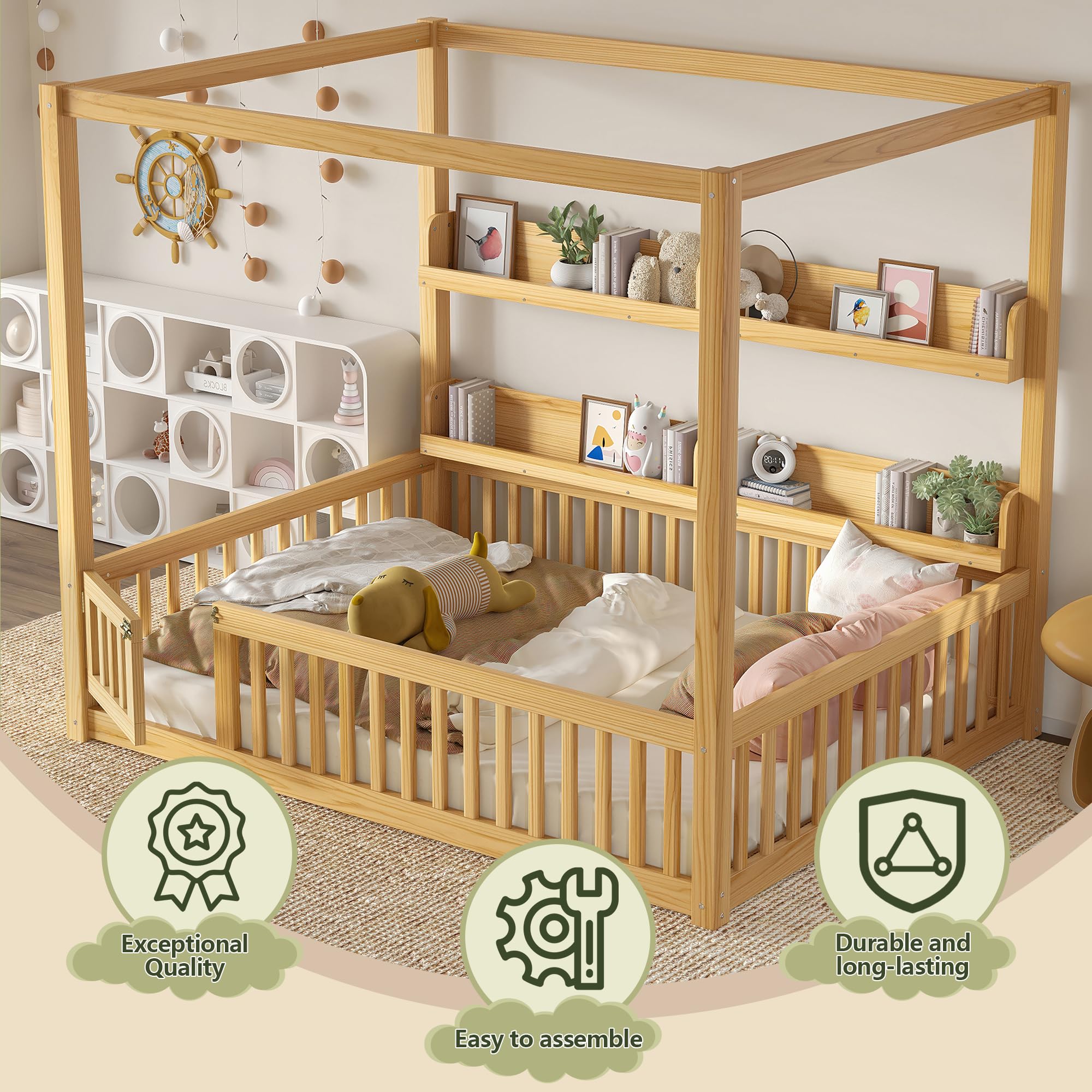 Bellemave® Full Size Canopy Bed with Guardrails and Support Slats, Solid Wood Canopy Floor Bed with Storage Shelves, Canopy Beds Frame for Kids, Teens, Adults, No Box Spring Needed, Nature - Bellemave