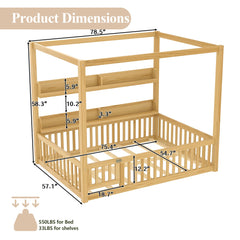 Bellemave® Full Size Canopy Bed with Guardrails and Support Slats, Solid Wood Canopy Floor Bed with Storage Shelves, Canopy Beds Frame for Kids, Teens, Adults, No Box Spring Needed, Nature - Bellemave