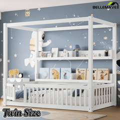 Bellemave® Full Size Canopy Bed with Guardrails and Support Slats, Solid Wood Canopy Floor Bed with Storage Shelves, Canopy Beds Frame for Kids, Teens, Adults, No Box Spring Needed, Nature - Bellemave