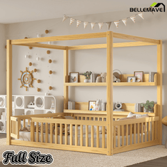 Bellemave® Full Size Canopy Bed with Guardrails and Support Slats, Solid Wood Canopy Floor Bed with Storage Shelves, Canopy Beds Frame for Kids, Teens, Adults, No Box Spring Needed, Nature - Bellemave
