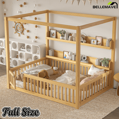 Bellemave® Full Size Canopy Bed with Guardrails and Support Slats, Solid Wood Canopy Floor Bed with Storage Shelves, Canopy Beds Frame for Kids, Teens, Adults, No Box Spring Needed, Nature - Bellemave