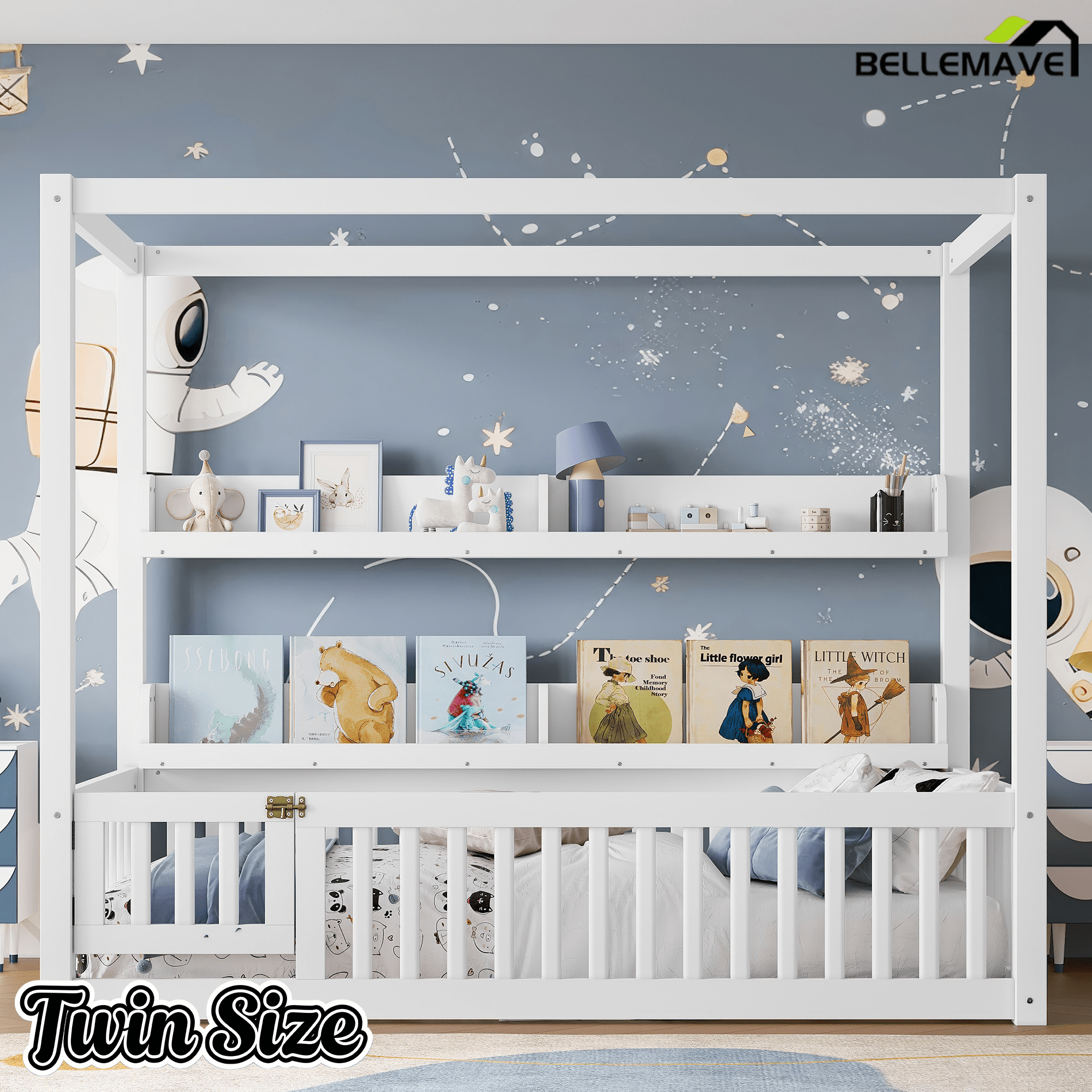 Bellemave® Full Size Canopy Bed with Guardrails and Support Slats, Solid Wood Canopy Floor Bed with Storage Shelves, Canopy Beds Frame for Kids, Teens, Adults, No Box Spring Needed, Nature - Bellemave