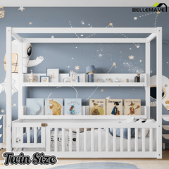 Bellemave® Full Size Canopy Bed with Guardrails and Support Slats, Solid Wood Canopy Floor Bed with Storage Shelves, Canopy Beds Frame for Kids, Teens, Adults, No Box Spring Needed, Nature - Bellemave