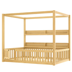 Bellemave® Full Size Canopy Bed with Guardrails and Support Slats, Solid Wood Canopy Floor Bed with Storage Shelves, Canopy Beds Frame for Kids, Teens, Adults, No Box Spring Needed, Nature - Bellemave