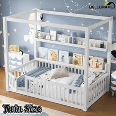 Bellemave® Full Size Canopy Bed with Guardrails and Support Slats, Solid Wood Canopy Floor Bed with Storage Shelves, Canopy Beds Frame for Kids, Teens, Adults, No Box Spring Needed, Nature - Bellemave