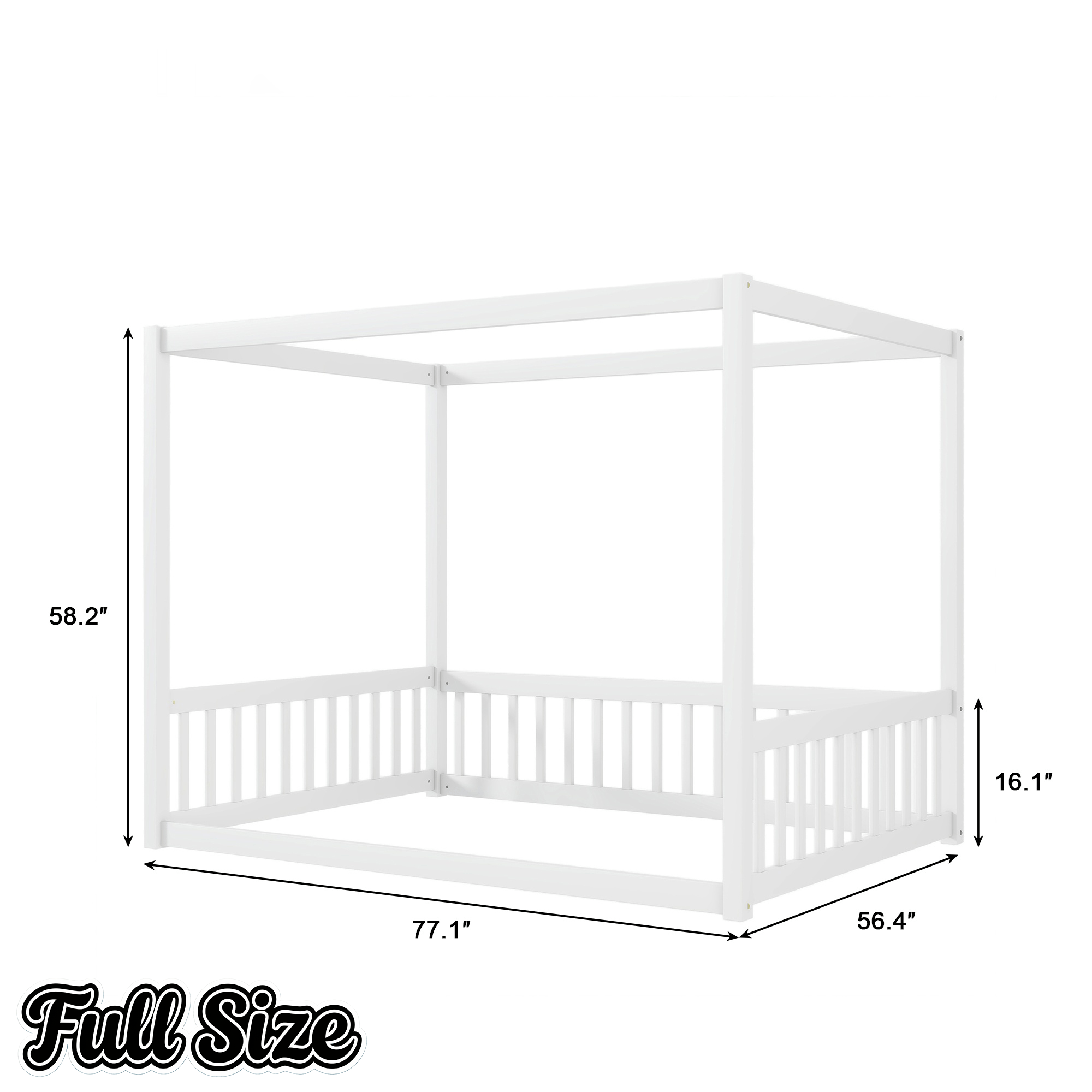 Bellemave® Full Size Canopy Frame Rubber Wood Floor Bed with Fence,Guardrails,Grey - Bellemave
