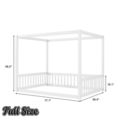 Bellemave® Full Size Canopy Frame Rubber Wood Floor Bed with Fence,Guardrails,Grey - Bellemave