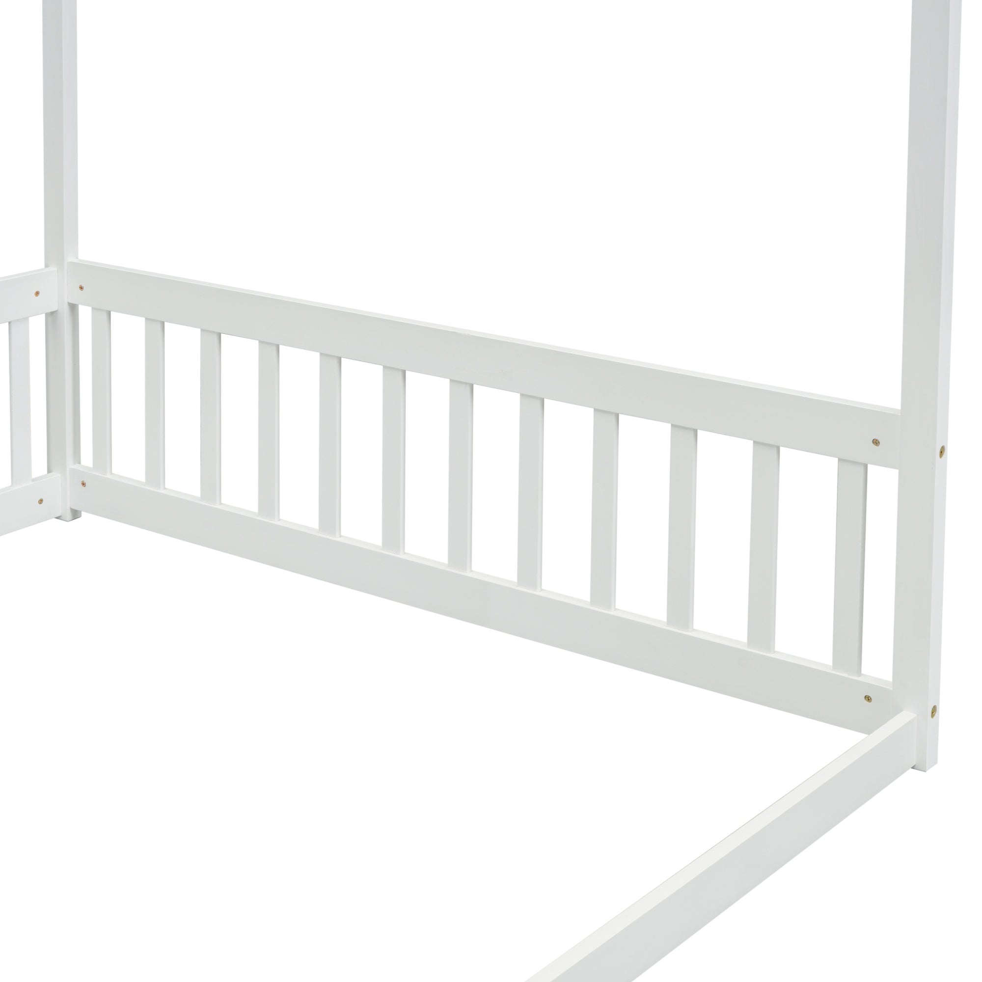 Bellemave® Full Size Canopy Frame Rubber Wood Floor Bed with Fence,Guardrails,Grey - Bellemave