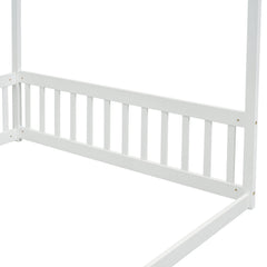 Bellemave® Full Size Canopy Frame Rubber Wood Floor Bed with Fence,Guardrails,Grey - Bellemave