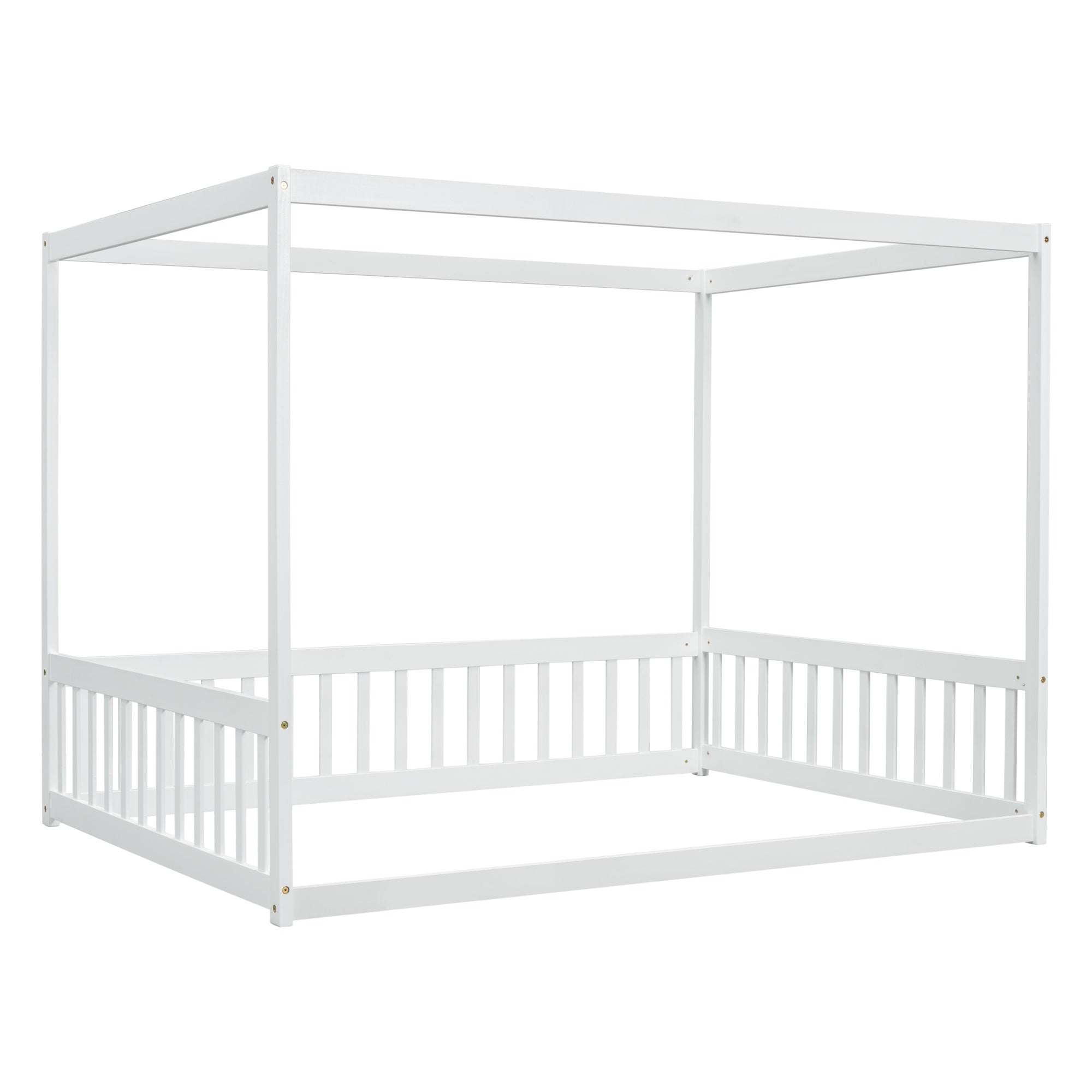 Bellemave® Full Size Canopy Frame Rubber Wood Floor Bed with Fence,Guardrails,Grey - Bellemave