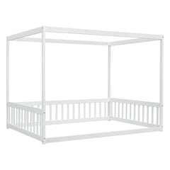 Bellemave® Full Size Canopy Frame Rubber Wood Floor Bed with Fence,Guardrails,Grey - Bellemave