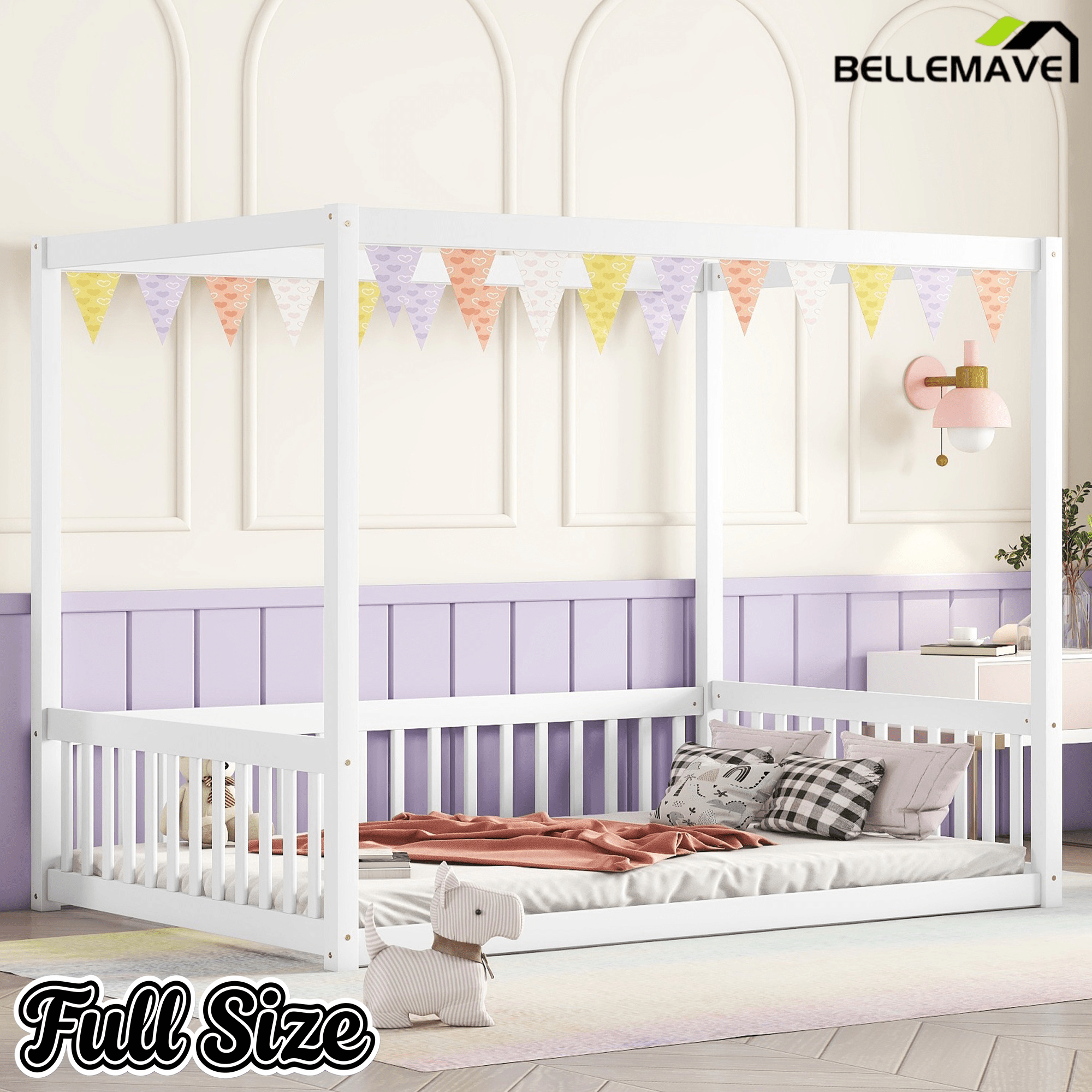 Bellemave® Full Size Canopy Frame Rubber Wood Floor Bed with Fence,Guardrails,Grey - Bellemave