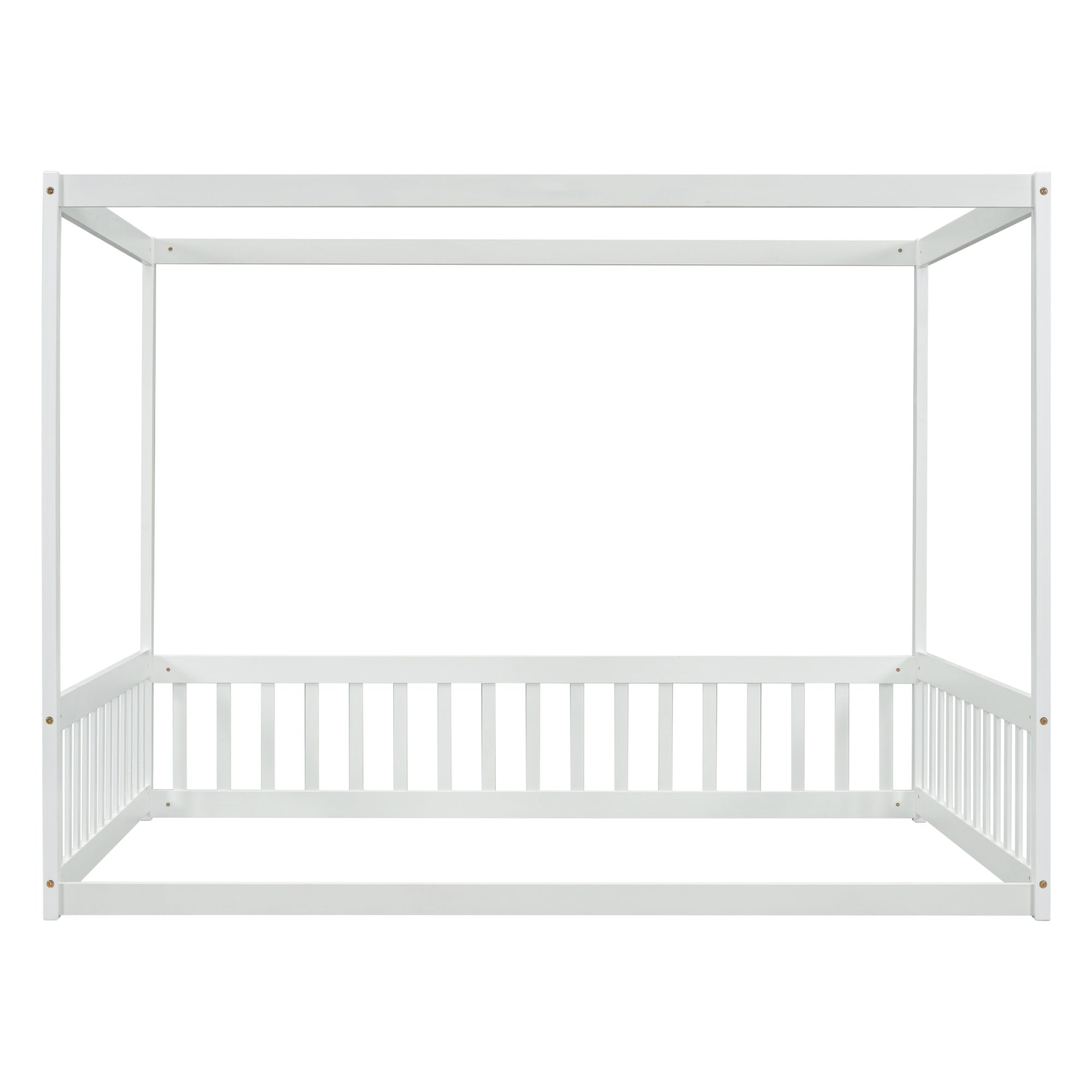 Bellemave® Full Size Canopy Frame Rubber Wood Floor Bed with Fence,Guardrails,Grey - Bellemave