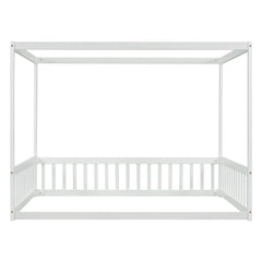 Bellemave® Full Size Canopy Frame Rubber Wood Floor Bed with Fence,Guardrails,Grey - Bellemave