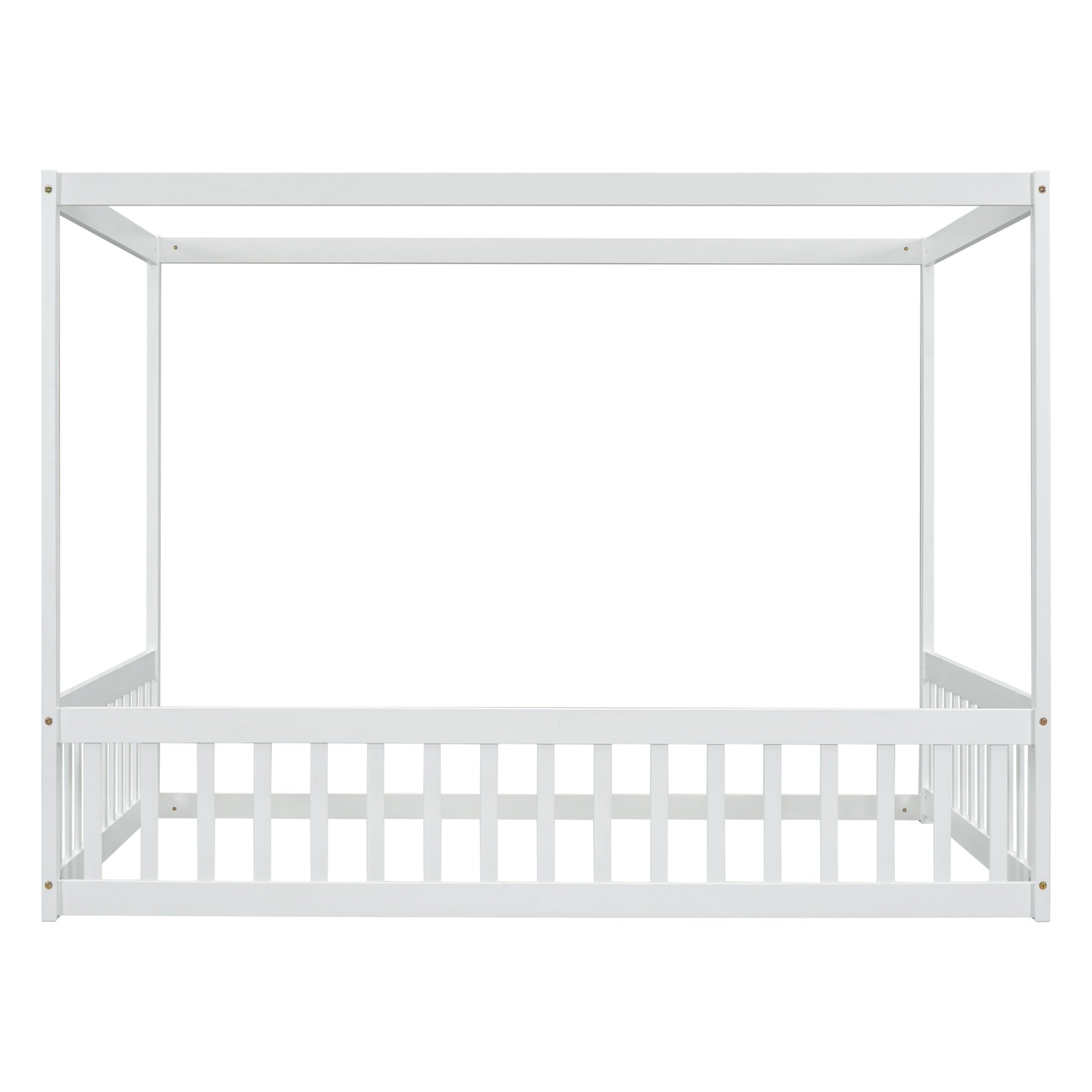 Bellemave® Full Size Canopy Frame Rubber Wood Floor Bed with Fence,Guardrails,Grey - Bellemave
