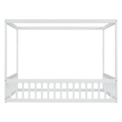 Bellemave® Full Size Canopy Frame Rubber Wood Floor Bed with Fence,Guardrails,Grey - Bellemave