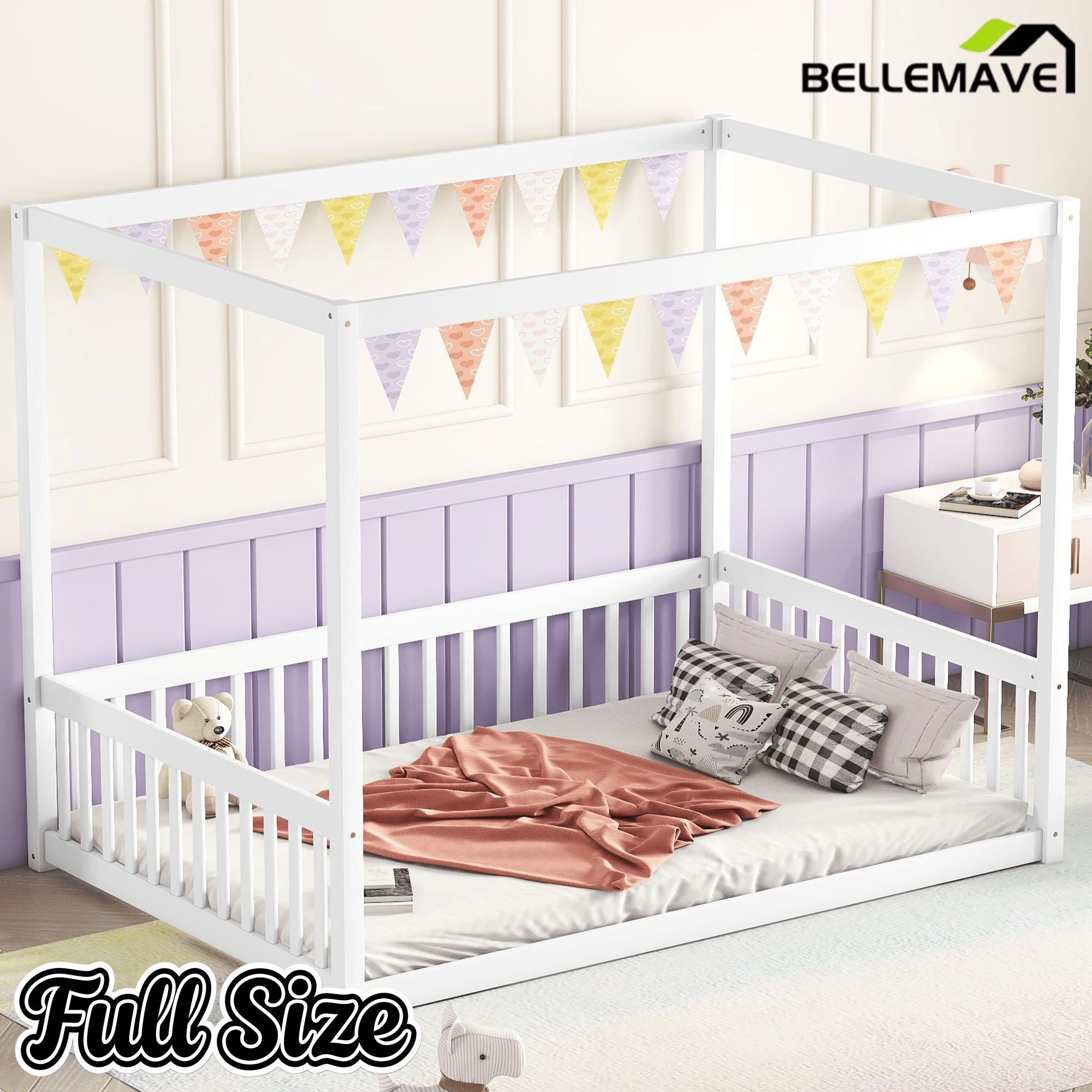 Bellemave® Full Size Canopy Frame Rubber Wood Floor Bed with Fence,Guardrails,Grey - Bellemave