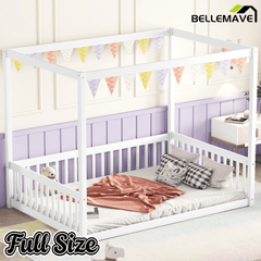 Bellemave® Full Size Canopy Frame Rubber Wood Floor Bed with Fence,Guardrails,Grey - Bellemave