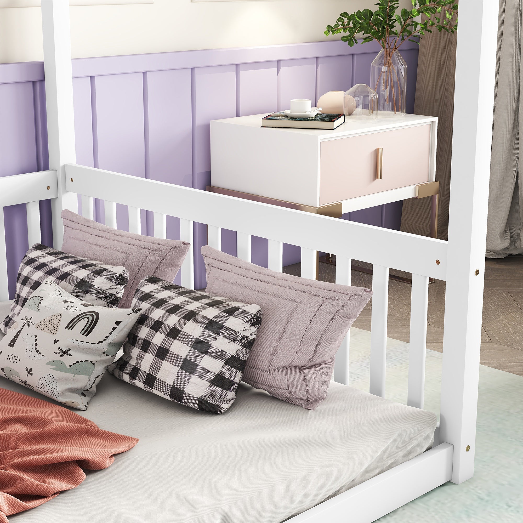 Bellemave® Full Size Canopy Frame Rubber Wood Floor Bed with Fence,Guardrails,Grey - Bellemave