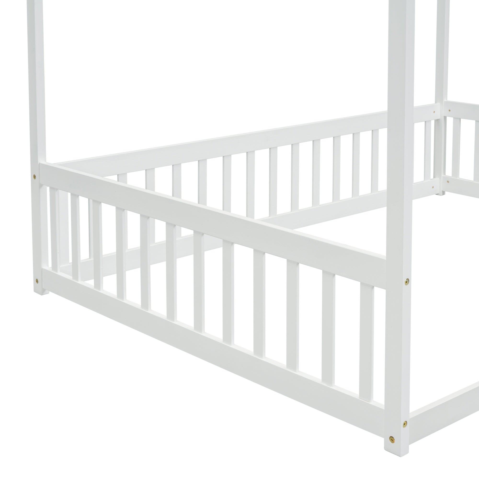 Bellemave® Full Size Canopy Frame Rubber Wood Floor Bed with Fence,Guardrails,Grey - Bellemave