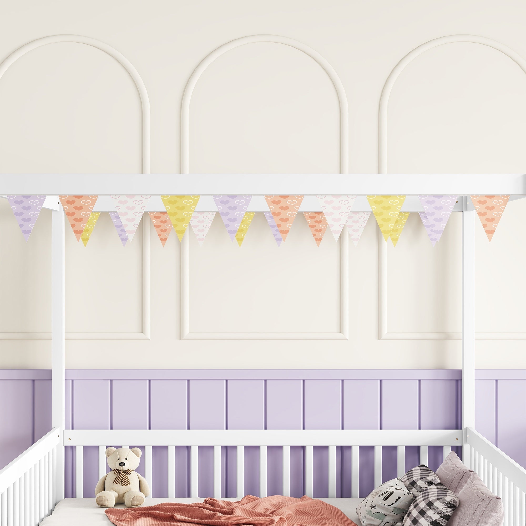 Bellemave® Full Size Canopy Frame Rubber Wood Floor Bed with Fence,Guardrails,Grey - Bellemave