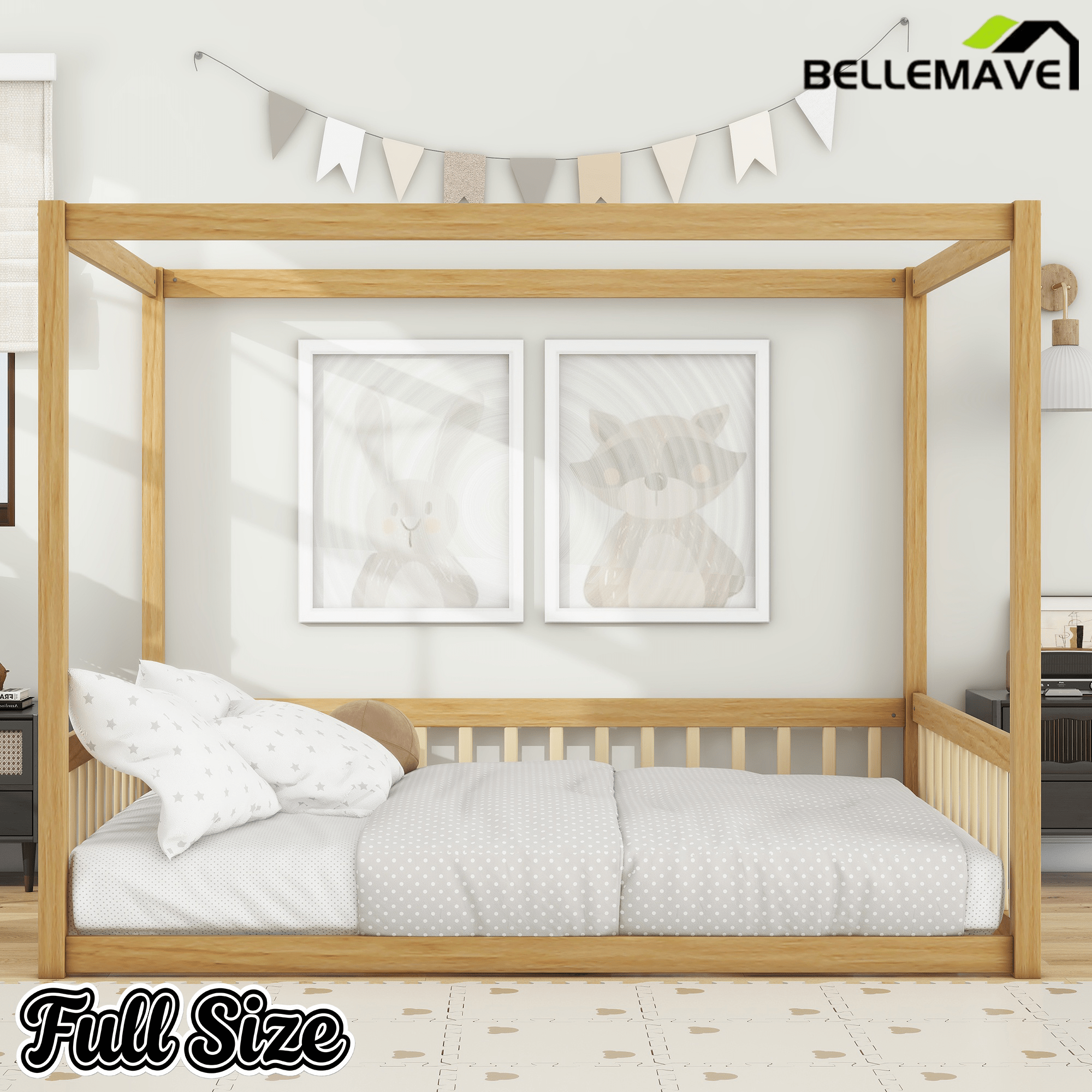 Bellemave® Full Size Canopy Frame Rubber Wood Floor Bed with Fence,Guardrails,Grey - Bellemave