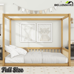 Bellemave® Full Size Canopy Frame Rubber Wood Floor Bed with Fence,Guardrails,Grey - Bellemave