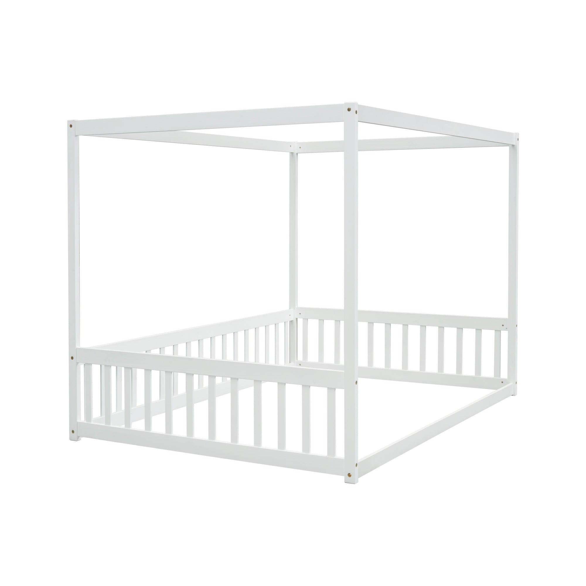 Bellemave® Full Size Canopy Frame Rubber Wood Floor Bed with Fence,Guardrails,Grey - Bellemave