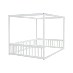 Bellemave® Full Size Canopy Frame Rubber Wood Floor Bed with Fence,Guardrails,Grey - Bellemave
