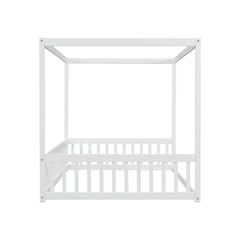 Bellemave® Full Size Canopy Frame Rubber Wood Floor Bed with Fence,Guardrails,Grey - Bellemave