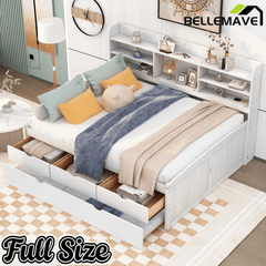 Bellemave Full Size Captain Bed, Full Beds with Trundle & Storage Drawers, Wood Daybed Frame with Bookcase Headboard & Slats Support for Kids Teens, Antique Brown - Bellemave