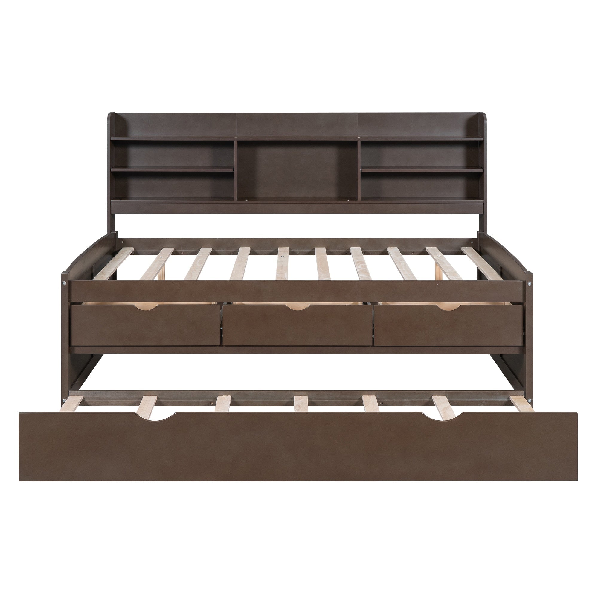Bellemave Full Size Captain Bed, Full Beds with Trundle & Storage Drawers, Wood Daybed Frame with Bookcase Headboard & Slats Support for Kids Teens, Antique Brown - Bellemave