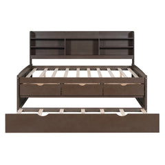 Bellemave Full Size Captain Bed, Full Beds with Trundle & Storage Drawers, Wood Daybed Frame with Bookcase Headboard & Slats Support for Kids Teens, Antique Brown - Bellemave